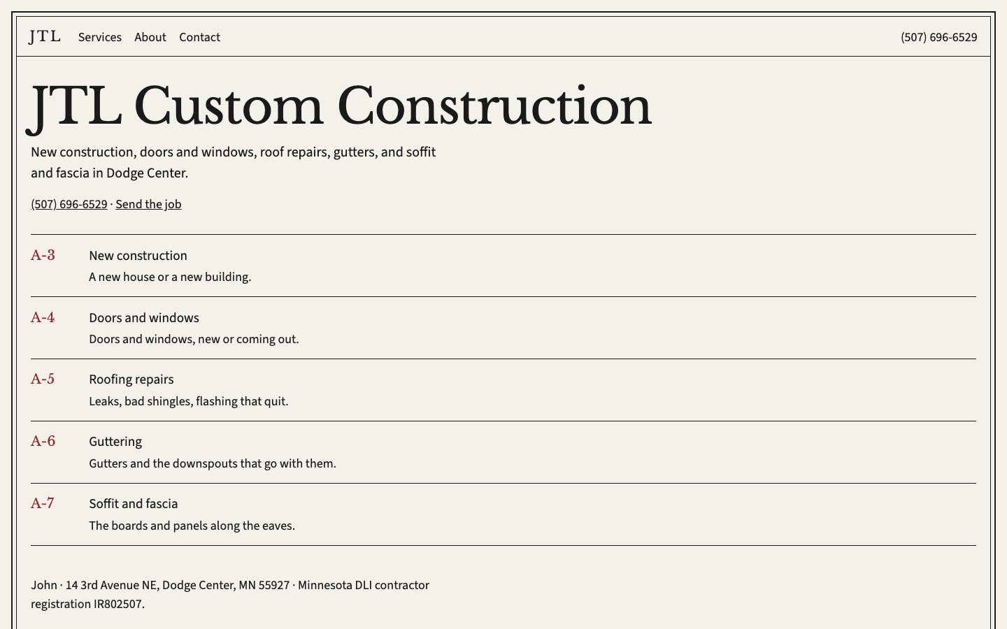 JTL Custom Construction homepage